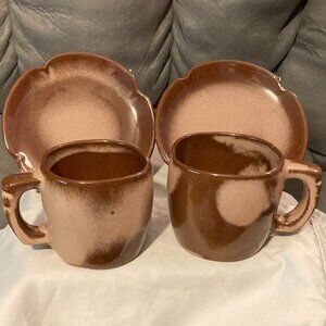 VTG 1950's Frankoma Plainsman Brown Satin Stoneware-2 Cups & 2 Saucers-New Cond